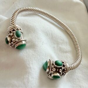 Solid Sterling Silver Twisted Cable Cuff Bracelet w/Eight Malachite Stones